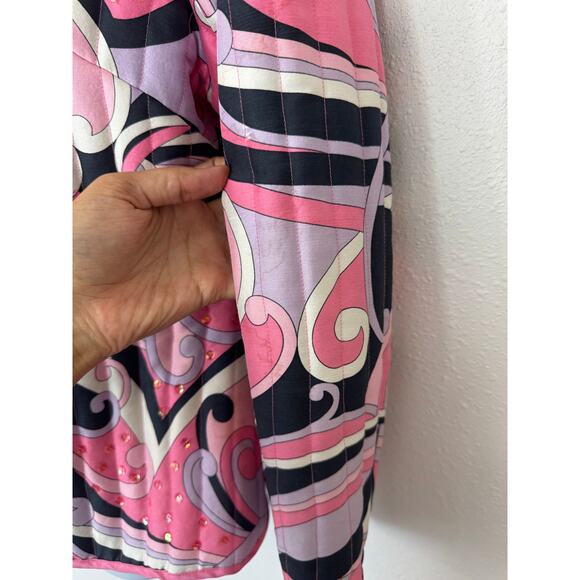 Anne Carson Silk Quilted Jacket Pink Abstract Print Sequin Detail Size L - Picture 3 of 8